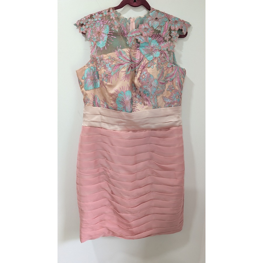 Bridess Pink Turquoise Floral Embroidered Tiered Cocktail Dress US 16 NWT